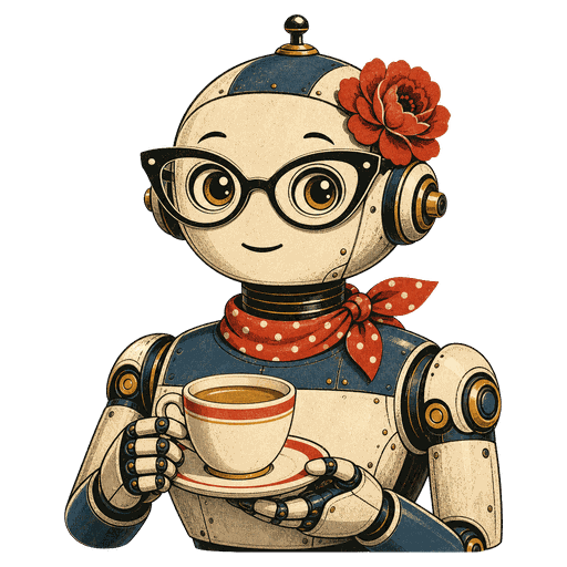 Carmen Bergenline, a round friendly robot with cat-eye glasses and a coffee cup