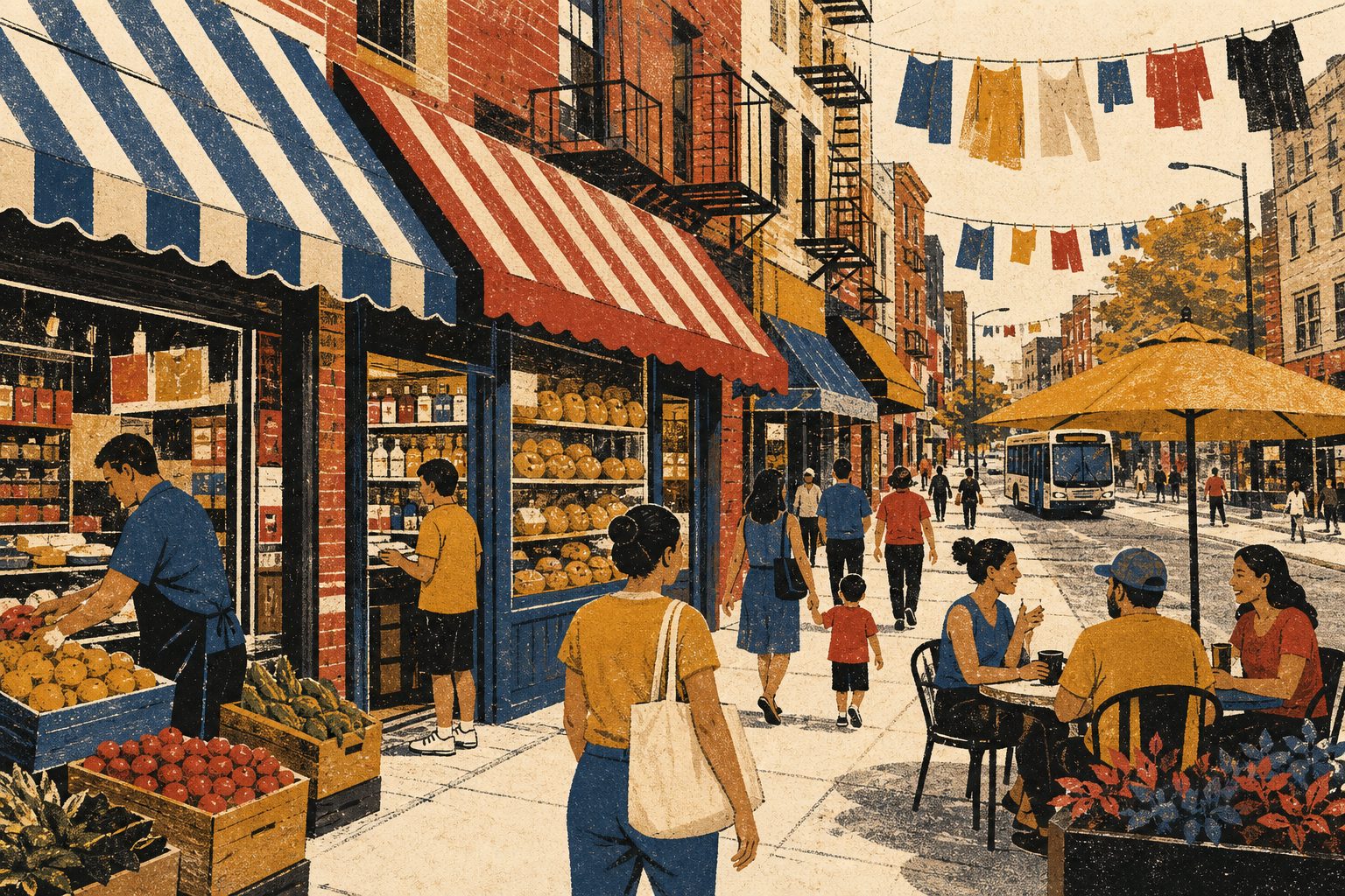 Illustration of Bergenline Avenue storefronts and street life