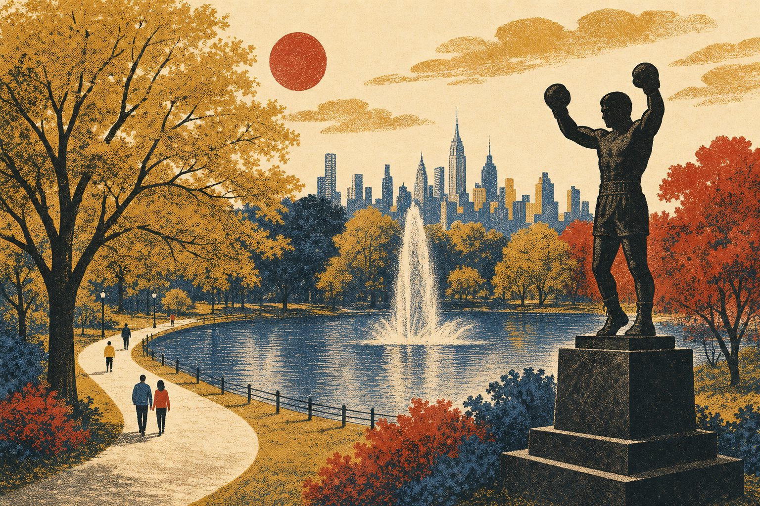 Illustration of James J. Braddock Park with the lake, fountain and boxer statue