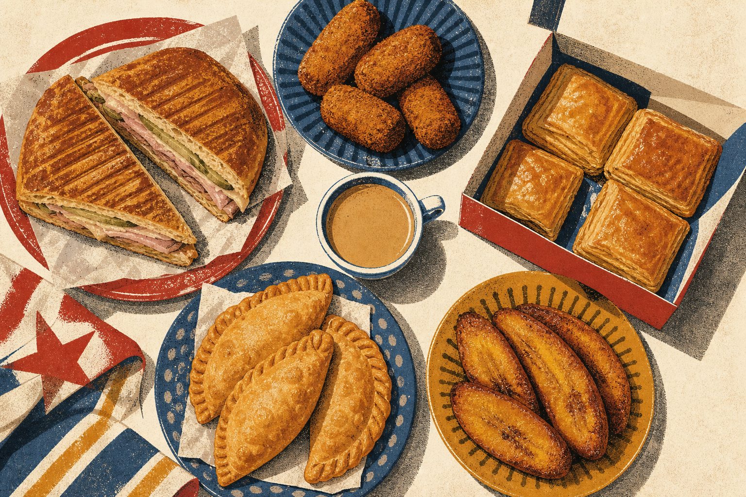 Overhead illustration of a Cuban sandwich, croquetas, café con leche, empanadas and plantains