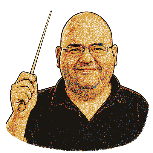 Caricature of Jose Munoz, conductor's baton raised